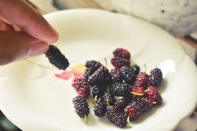 Close-up of hand holding strawberry