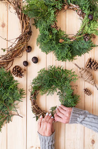 Midsection of woman holding potted plant against tree