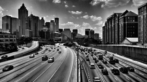 High angle view of cars on two lane highway in city