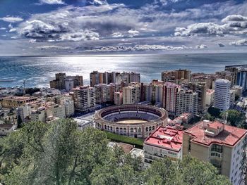 View of cityscape with sea in background