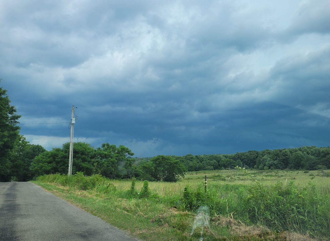 cloud, sky, plant, road, environment, landscape, nature, rural area, tree, hill, land, beauty in nature, transportation, no people, grass, field, scenics - nature, rural scene, green, overcast, outdoors, tranquility, day, the way forward, storm, growth, horizon, plain, non-urban scene, street, prairie, tranquil scene, dramatic sky, country road, storm cloud, grassland, agriculture