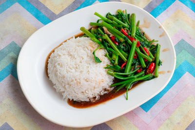 High angle view of food in plate on table