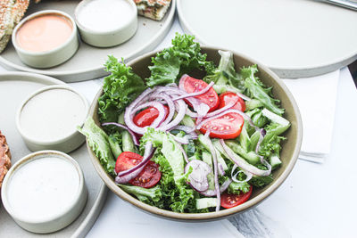 High angle view of food in bowl on table