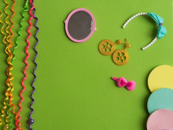 High angle view of multi colored candies on table