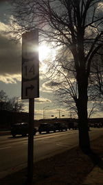 Road sign on street by trees against sky