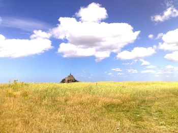 Scenic view of field against cloudy sky