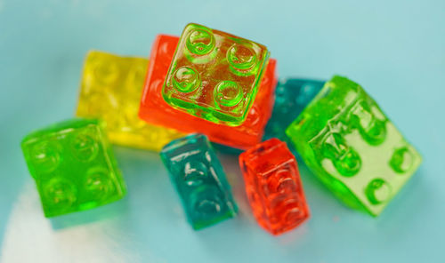 High angle view of multi colored candies on table