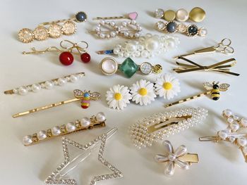 High angle view of white flowers on table