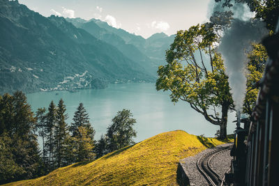 Scenic view of lake and mountains against sky