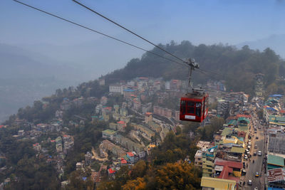 High angle view of overhead cable cars and buildings in city