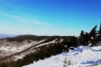 Scenic view of mountains against blue sky