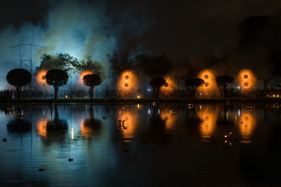 Reflection of wire wools and silhouette trees on lake at night