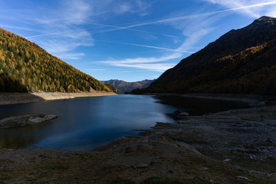 Scenic view of lake by mountains against sky