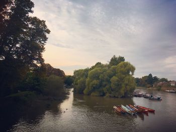 Boat sailing on river by trees against sky