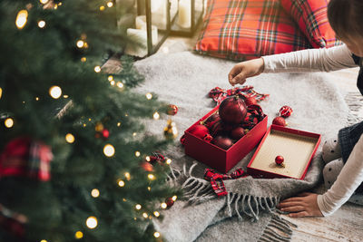 Midsection of woman holding christmas tree