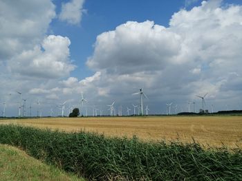 Windmills on field against sky