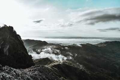 Scenic view of sea and mountains against sky