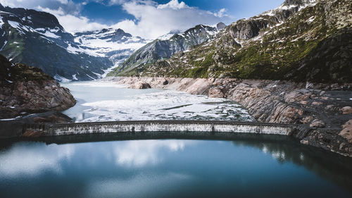 Scenic view of river by snowcapped mountains against sky