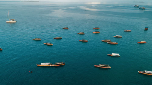 Aerial view of the boats and dhow, stone town in zanzibar