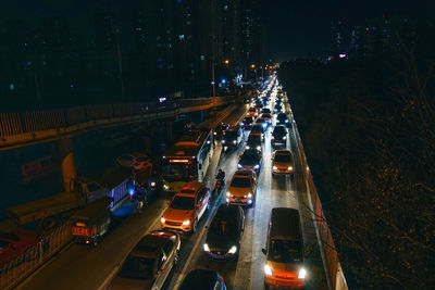 High angle view of traffic on road at night