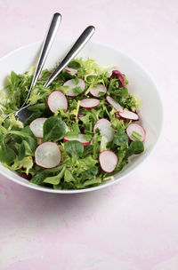 High angle view of vegetables in bowl on table