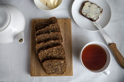 High angle view of breakfast served on table