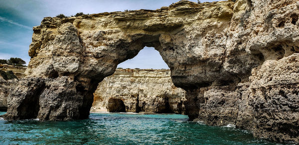 View of rock formations on sea