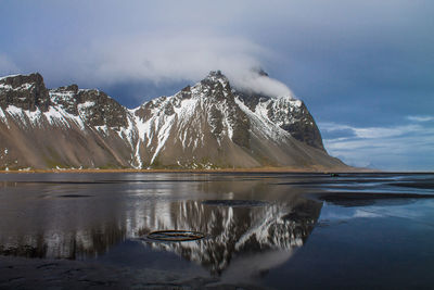 Scenic view of lake and snowcapped mountains against sky