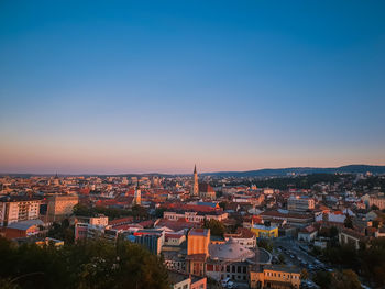 High angle view of townscape against clear sky at night