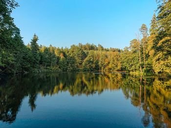 Scenic view of lake against clear sky during autumn