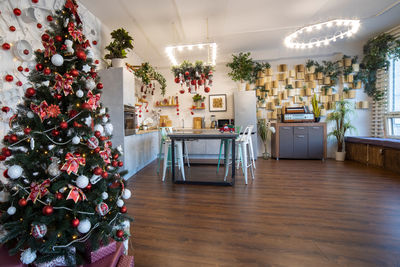 Home kitchen interior decorated for christmas and new year celebration, no people