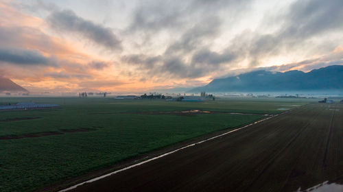 Scenic view of agricultural field against sky during sunset