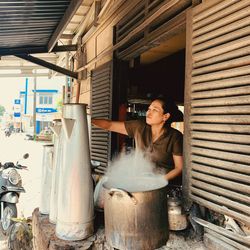 Woman working in shopping mall