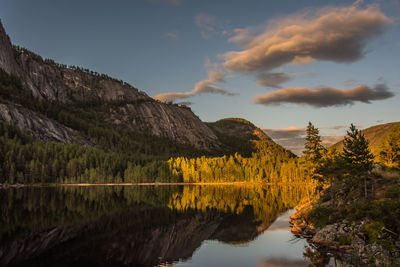 Scenic view of lake by mountain against sky