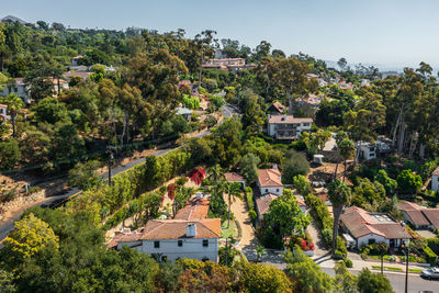 Homes of santa barbara in hilly neighborhood. vibrant summer colors, aerial photo.