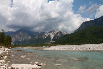 Scenic view of sea and mountains against sky