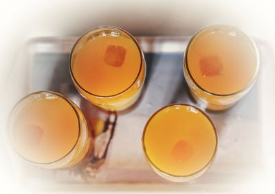 High angle view of tea in glass on table