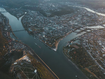 High angle view of river amidst buildings in city