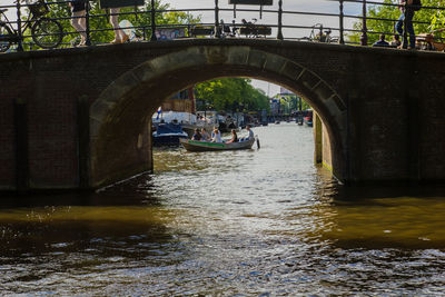 People on bridge over river