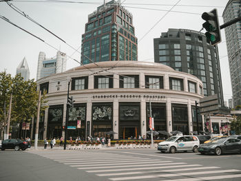 View of city street and modern buildings