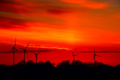 Silhouette of wind turbines at sunset