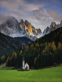 Scenic view of trees and mountains against sky