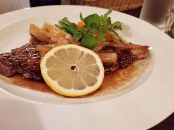 Close-up of food in plate on table