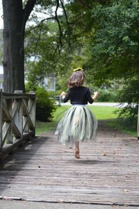 Rear view full length of girl on boardwalk at park