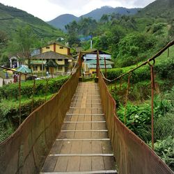 Boardwalk bridge leading to rural area within mountain range