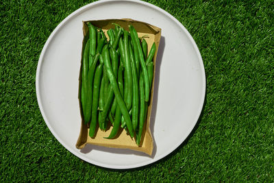 High angle view of green bean on grassy field