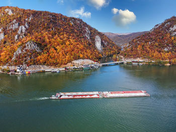 High angle view of boat in sea against sky