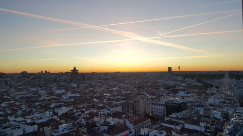 High angle view of townscape against sky during sunset