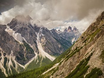 Panoramic view of valley and mountains against sky