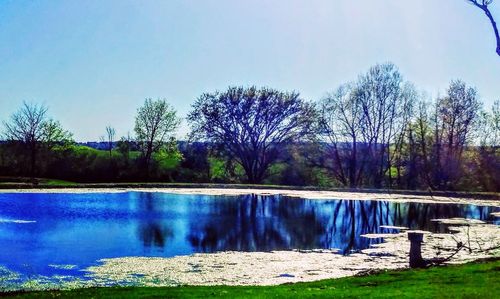 Scenic view of lake against blue sky